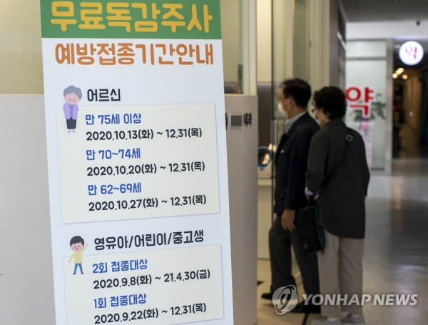 ▲ 22일 오전 서울의 한 병원에 무료독감주사 관련 안내문이 세워져 있다. 질병관리청은 21일 보도자료를 통해 