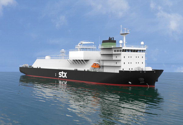 ▲ STX조선해양과 선박해양플랜트연구소가 공동 개발한 7500㎥급 LNG 벙커링 선박.  /STX조선해양
