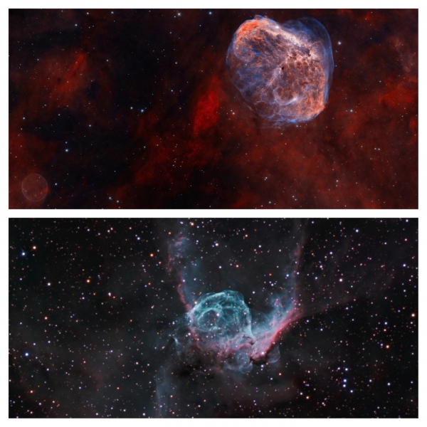 위는 고니자리에 있는 NGC 6888 초승달성운이다. 위 왼쪽 아래 모습은 거품 같은 행성상 성운인데 크기가 비교가 안 된다. 아래는 NGC 2359 토르의 투구이다. 겨울철 큰개자리 부근에 있다. 두 성운 모두 볼프레이에 별이 겉 껍질을 항성풍으로 날려 보낸 것이다. /나사