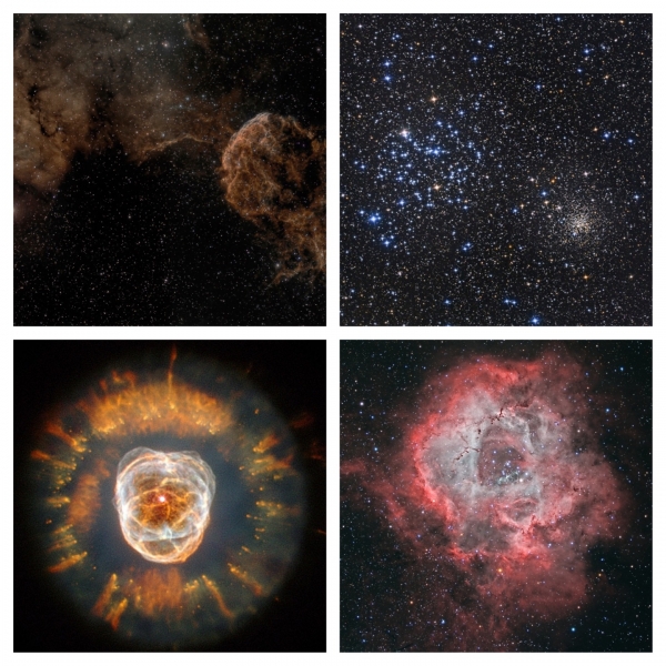 (왼쪽 위부터 시계 방향으로) 우주 해파리 IC 443, M35와 NGC 2158, 장미성운, 이누이트 성운. /출처 나사