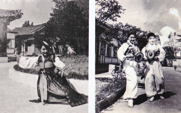 운니동 98번지 옛 국립국악원 시절의 조순자 선생, 왼쪽은 검무 추는 모습이고 오른쪽은 소고춤을 강선자(오른쪽)와 함께 추던 시절의 모습이다-170쪽./책갈무리