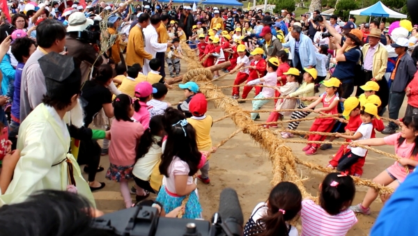 2015년 5월에 열린 창녕 영산줄다리기 행사 때 축소판으로 펼쳐진 어린이 줄다리기 모습./정현수 기자