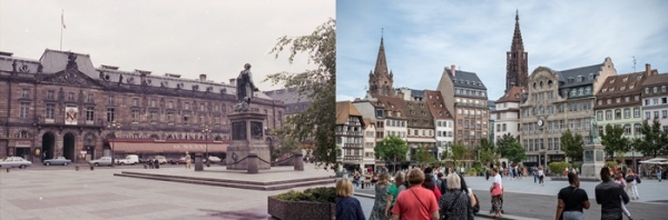 트램이 도입되기 전 스트라스부르 클레베르 광장 모습. 하루 차량 통행량은 4만 대에 달했다.(왼쪽 사진) 트램 도입 후 차량 통행이 제한되면서 광장은 더욱 활기를 띠고 있다. /스트라스부르시