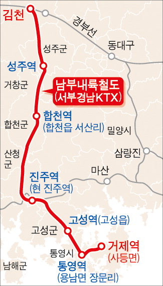 남부내륙철도 노선도와 역사 위치.