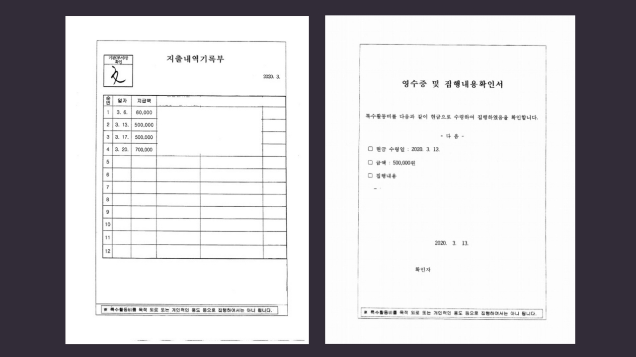 창원지방검찰청 2020년 3월 특수활동비 지출내역기록부와 영수증 및 집행내용확인서.  