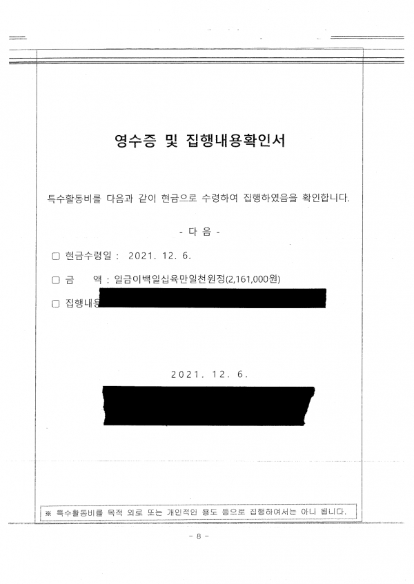 2021년 12월 창원지검 진주지청 특수활동비 자료에는 12월 6일(216만 1000원) 특활비 집행내용확인서가 발견됐다. 같은 달 다른 확인서는 명조체로 쓰였지만, 이 확인서만 고딕체로 작성돼 같은 쪽수인 '8'이 적힌 채 5장이나 있었다.