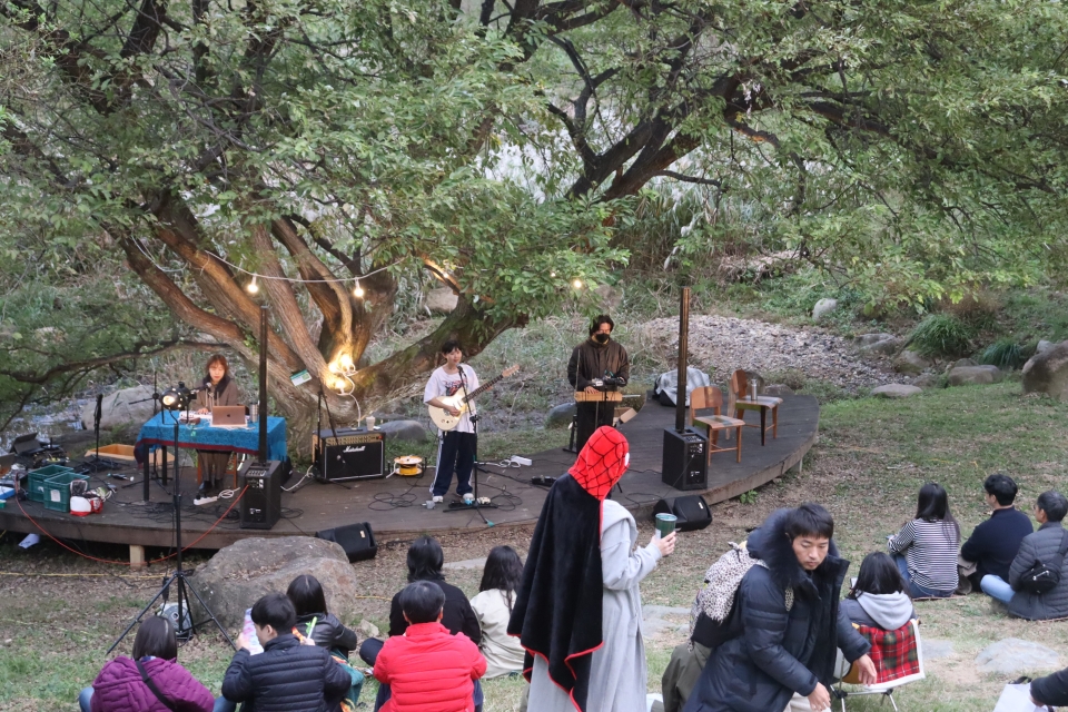 통영 세자트라숲 갈대밭 앞 큰 버드나무 아래서 공연을 선보이고 있는 밴드 유라시아./백솔빈 기자