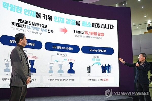 이종호 과학기술정보통신부 장관(오른쪽)과 안덕근 산업통상자원부 장관이 15일 경기도 수원시 장안구 성균관대 자연과학캠퍼스 반도체관에서 윤석열 대통령이 참석한 가운데 열린 '국민과 함께하는 민생토론회-세 번째, 민생을 살찌우는 반도체 산업'에서 보고하고 있다. /연합뉴스