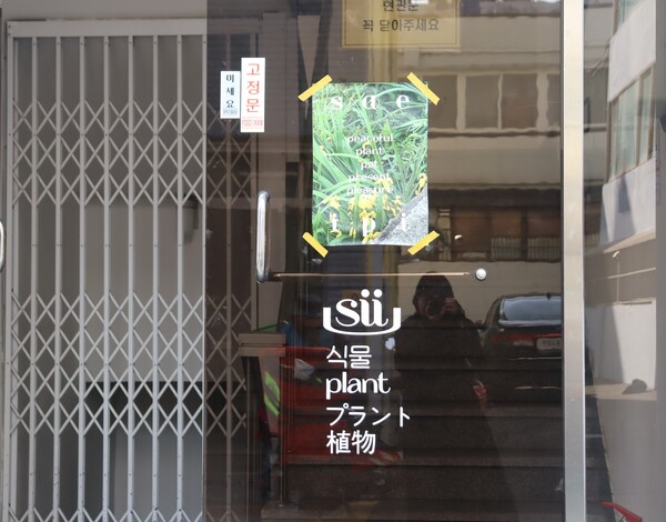 공간 '새잎이'로 올라가는 계단 앞 문에 붙어 있는 포스터와 가게 이름./백솔빈 기자