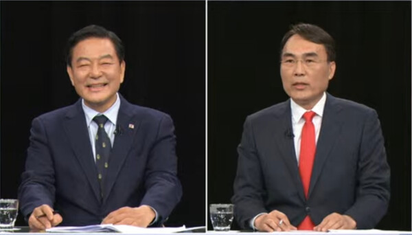 황기철(왼쪽) 더불어민주당 후보와 국민의 힘 이종욱 후보가 3일 KBS창원에서 창원 진해 국회의원 선거 후보자 토론을 하고 있다. /KBS창원 방송 갈무리