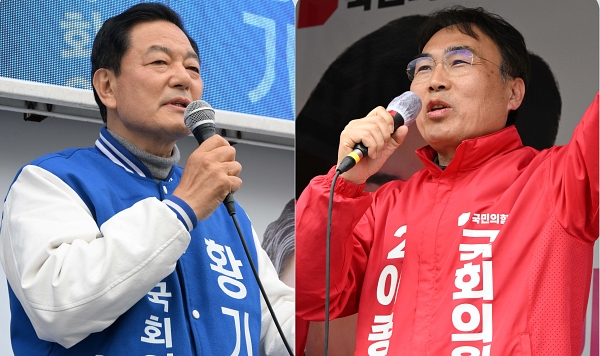 22대 총선 창원 진해 선거구 황기철(왼쪽) 더불어민주당 후보와 이종욱 국민의힘 후보가 8일 오후 경화 5일장 입구 홈플러스 앞 집중 유세에서 연설을 하고 있다. /김구연 기자 sajin@idomin.com