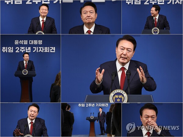 윤석열 대통령이 9일 오전 서울 용산 대통령실 청사 브리핑실에서 취임 2주년을 맞아 기자회견을 하고 있다. /연합뉴스