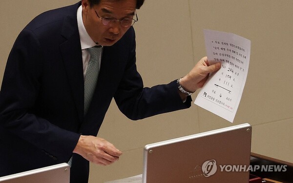 28일 오후 국회에서 열린 본회의에서 재의결 안건으로 상정된 '해병대 채상병 사망사건 수사외압 의혹 특별검사법'의 부결을 알리는 문서가 김진표 국회의장에게 전달되고 있다. /연합뉴스