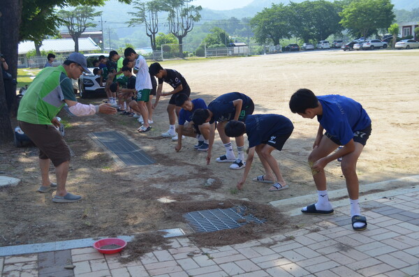 창녕 성산중학교 2학년 학생들이 모내기 체험에 앞서 학교 운동장에서 모 심는 방법을 배우고 있다. /이동욱 기자