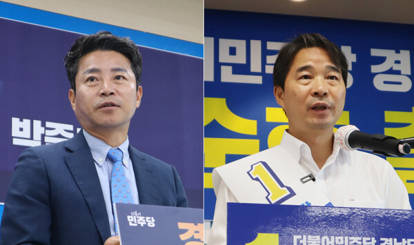 박준호(왼쪽) 더불어민주당 경남도당 부위원장과 송순호(오른쪽) 민주당 창원 마산회원구 지역위원장이 15일 각각 도당 위원장 후보 출마 기자회견을 열고 있다. /최환석 기자