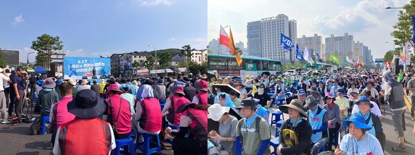 희망버스 참가자들이 17일 오후 경기도 화성시 남양사거리에서 본대회에 참여하고 있다. /김다솜 기자 