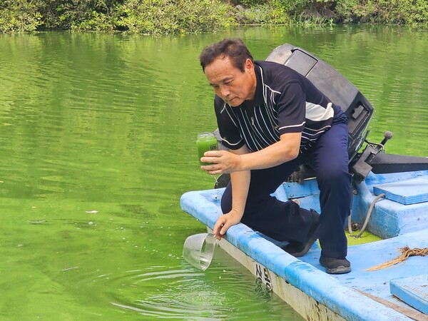 박창근 대한하천학회장(가톨릭관동대 토목공학과 교수)이 19일 오전 국립환경과학원 매리수질측정센터(김해 상동면 매리)과 2km 떨어진 매리1교 다리 밑 낙동강변에서 녹조물이 든 병을 보고 있다. /최석환 기자