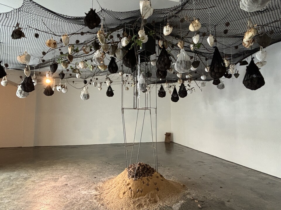 정호 작가가 지난 15일부터 다음달 1일까지 개인전 〈숢; 느린 호흡〉을 창원 인사이드갤러리에서 한다. 숨을 주제로 한 설치작품. /주성희 기자