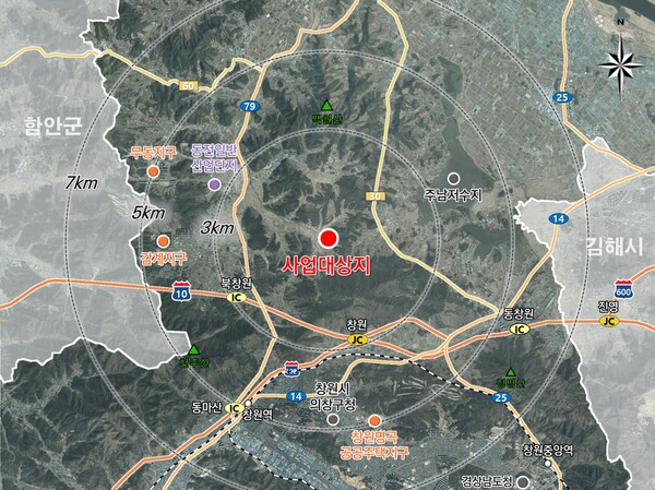 창원 방위.원자력 융합 국가산업단지 후보지 지도. 창원시 북면, 동읍 일원이다. /경남도