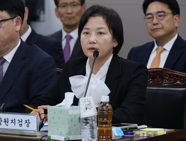 정유미 창원지검장이 17일 대구지검 신관 7층에서 열린 국회 법제사법위원회의 지역 고등·지방검찰청 13곳에 대한 국정감사에서 의원 질의에 답변하고 있다./연합뉴스