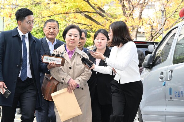 김영선 전 국민의힘 국회의원이 14일 오후 창원지방검찰청 앞에 나타났다. 그는 불구속 상태로 조사받기를 희망했다. /김구연 기자 