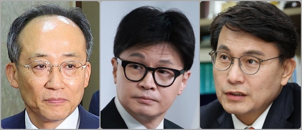 왼쪽부터 국민의힘 추경호 전 원내대표, 한동훈 당 대표, 4선 윤상현 국회의원. /연합뉴스