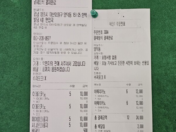익명의 시민이 경남도민일보에 응원의 의미로 보낸 커피의 영수증. 
