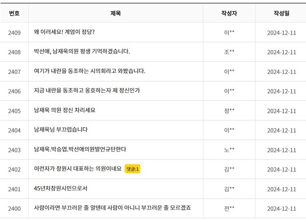 11일 창원시의회 누리집 '의회에 바란다' 온라인 게시판에는 계엄 옹호 발언을 한  국민의힘 시의원에 대해 항의하는 글이 빼곡하다. /창원시의회 누리집 갈무리