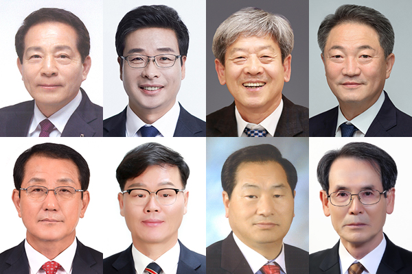 위 왼쪽부터 더불어 민주당 권순옥(70) 전 거제해양관광개발공사 사장, 김성갑(53) 거제혁신포럼 대표, 백순환(65) 전 거제지역위원장, 옥영문(63) 전 거제시의회 의장. 아래 왼쪽부터 국민의힘 권태민(66) 전 거제해양관광개발공사 상임이사, 박환기(62) 전 거제부시장, 황영석(67) 거제발전연구회장, 정의당 