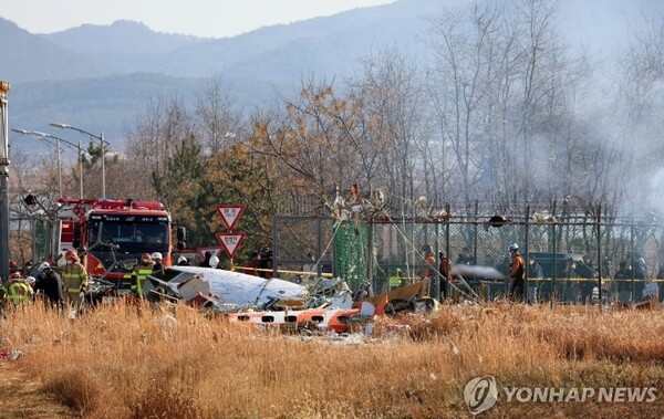 29일 오전 전남 무안국제공항에서 착륙 중이던 항공기가 활주로를 이탈해 울타리 외벽을 충돌했다. 사진은 사고 현장에서 소방 당국이 인명 구조를 하는 모습. 