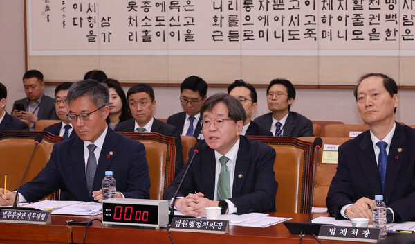 20일 윤석열 대통령 지지 시위대의 서울서부지법 청사 불법 진입 및 난동 사태와 관련한 긴급 현안질의가 열린 국회 법제사법위원회 전체회의에 출석한 배형원 법원행정처 차장이 의원 질의에 답변하고 있다.     왼쪽부터 김석우 법무부 장관 대행, 배형원 법원행정처 차장, 이완규 법제처장. /연합뉴스