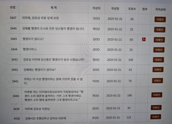 김해시의회 누리집 '의회에 바란다' 게시판.