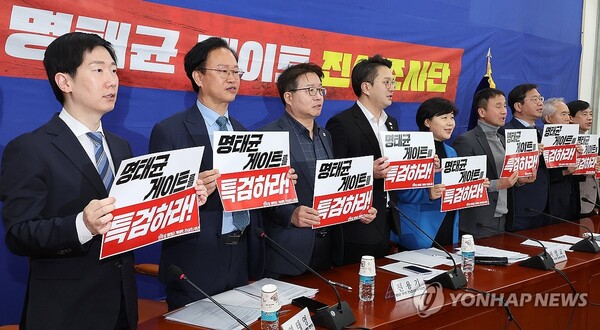 10일 국회에서 열린 더불어민주당 명태균게이트 진상조사단 회의에서 명태균 게이트 진상조사단장을 맡은 서영교 의원(왼쪽 다섯번째)과 참석자들이 구호를 외치고 있다.