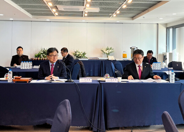 부산·경남행정통합공론화위원회가 11일 부산 해운대센트럴호텔에서 워크숍과 3차 회의를 열었다. 이날 권순기·전호환 공동위원장을 비롯한 공론화위원 20여 명이 참석했다. /경남도