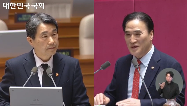 김종양(오른쪽) 국회의원이 14일 대정부 질문에서 이주호 사회부총리 겸 교육부 장관에게 질의를 하고 있다. /국회 영상회의록 갈무리