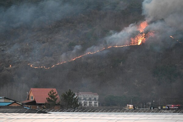 2025년 3월 22일오후 산청군 시천면 지리산에서 시작된 산불이 산청군 단성면 자양리와 하동군 옥종면 두양리 경계지점까지 번져 불타고 있다.6시 50분 마을 뒷산이 불타고 있다. /김구연 기자