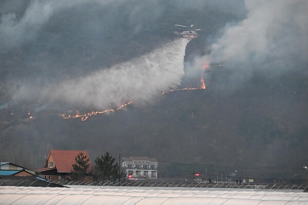 지난 21일 산청군 시천면 지리산에서 시작된 산불이 22일오후 6시27분 현재 산청군 단성면 자양리와 하동군 옥종면 두양리 경계지점까지 번져 불타고 있다.소방헬기가 물을 뿌리고 있다. /김구연 기자