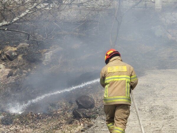 23일 마을 인근 도로까지 내려운 불을 소방관이 