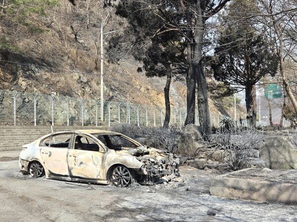 산청 시천면 국동마을 인근 국도에 불탄 자동차가 한 대가 방치돼 있다. /김태섭 기자