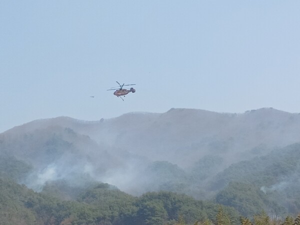 산불 발생 엿새째를 맞는 산청·하동 산불이 좀처럼 잡히지 않고 있다. 26일 오전 5시 기준 진화율은 80%이다. /김태섭 기자
