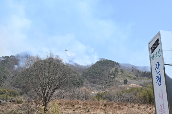 21일 산청에서 발생한 산불이 26일 낮 지리산 경계를 넘어 옮겨 붙었다. /김구연 기자