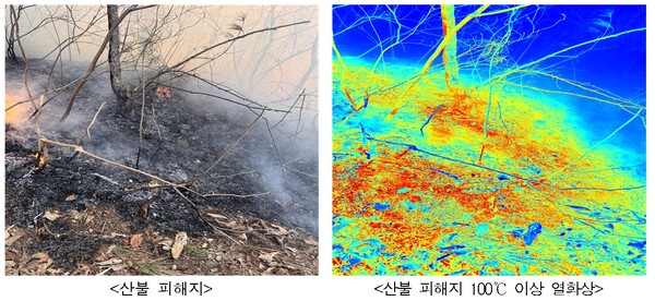 28일 오후 산림청 국립산림과학원이 불이 꺼진 곳을 열화상 카메라로 촬영한 결과, 낙엽 속에 100도 이상 불씨를 머금고 있는 모습. /산림청