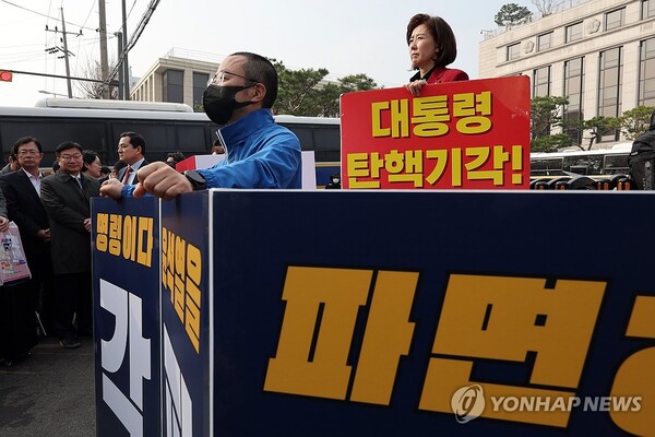 지난달 25일 서울 종로구 헌법재판소 앞에서 국민의힘 나경원 의원이 윤석열 대통령 탄핵 반대 피케팅, 더불어민주당 박홍배 의원이 윤 대통령 탄핵 찬성 피케팅을 하고 있다. /연합뉴스