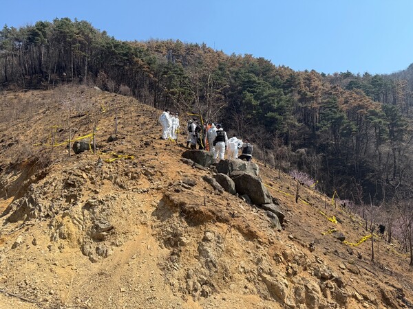 1일 경남경찰청 형사기동1팀 소속 경찰관 등이 산청 산불 발화지점을 감식하고 있다. /경남경찰청