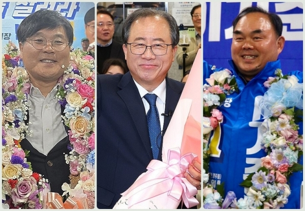 왼쪽부터 변광용 거제시장 당선자, 김석준 부산시교육감 당선자, 이기준 양산시의원 당선자. /이현희 기자·연합뉴스
