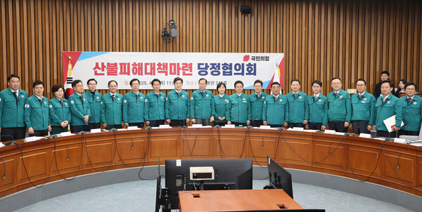 박완수 경남도지사가 3일 국회에서 열린 '산불 피해 대책 당정협의회'에 참석해 산불 피해지역 조속한 회복과 재발 방지를 위한 제도적 지원을 요청했다. /경남도