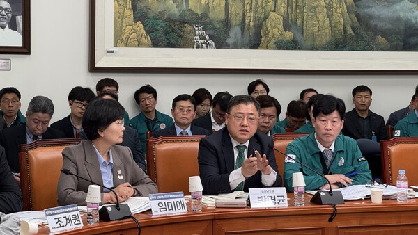 박명균(가운데) 경남도 행정부지사가 14일 더불어민주당 산불재난긴급대응특별위원회 회의에 참석해 가칭 ‘경남 산청·하동산불 피해 구제 및 지원 등에 관한 특별법’ 제정 등 산불 재난 이후 대책을 제안하고 있다. /경남도