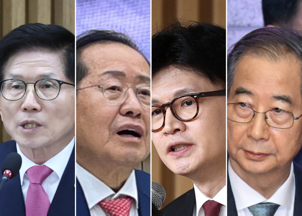 국민의힘에서는 '반 이재명 연대'를 전제로 한 빅텐트론이 활발하게 논의되고 있다. 왼쪽부터 김문수 전 노동부 장관, 한동훈 전 대표, 홍준표 전 대구시장, 그리고 한덕수 대통령 권한대행 국무총리. /연합뉴스