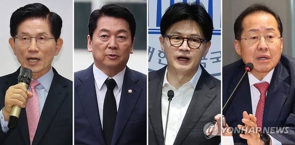 국민의힘 대선 후보 경선 선거관리위원회는 22일 2차 경선에 진출할 4명의 후보를 발표했다.첫번째 컷오프를 통과한 '4강 후보'에는 김문수·안철수·한동훈·홍준표 후보(가나다순)가 이름을 올렸다. /제휴뉴스