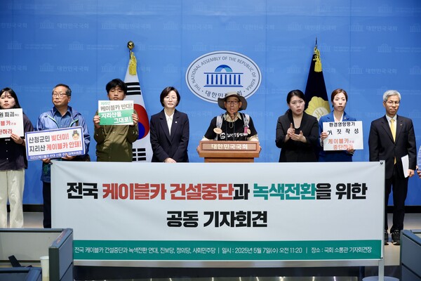 전국 케이블카 건설 중단과 녹색전환 연대가 7일 국회 소통관에서 21대 대선 후보와 각 정당에 케이블카 건설 공약 폐기와 전국 케이블카 사업 전면 백지화 공약을 촉구하는 기자회견을 하고 있다. /정혜경 의원실